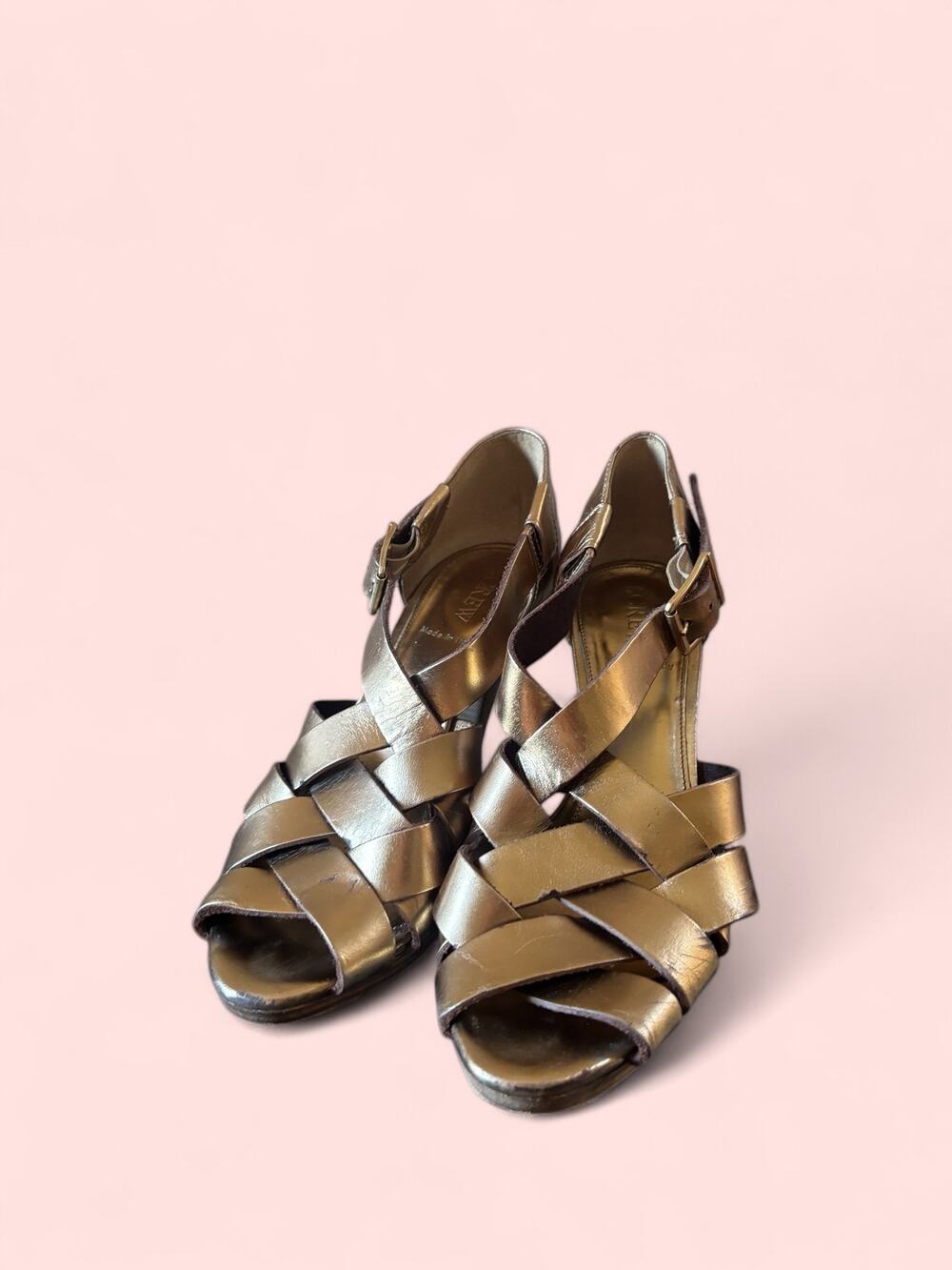 J.Crew Gold Metallic Leather Woven Peep Toe Buckle Heels Women’s Size 8.5
